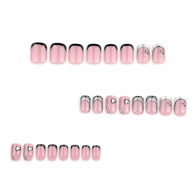 French Tip Press on Nails Short Square Fake Nails Heart Star Acrylic Nails Black False Nails Press ons Glossy Glue on Nails Stick on Nails Cute Artificial Nails for Women Girls Manicure 24Pcs