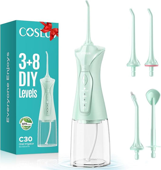 COSLUS Water Dental Flosser Pick for Teeth: 4 Modes Cordless Portable 300ML Larger Tank Water Teeth Cleaner IPX7 Waterproof Flossing Cleaning Picks for Home Travel Green C30(FC5360)