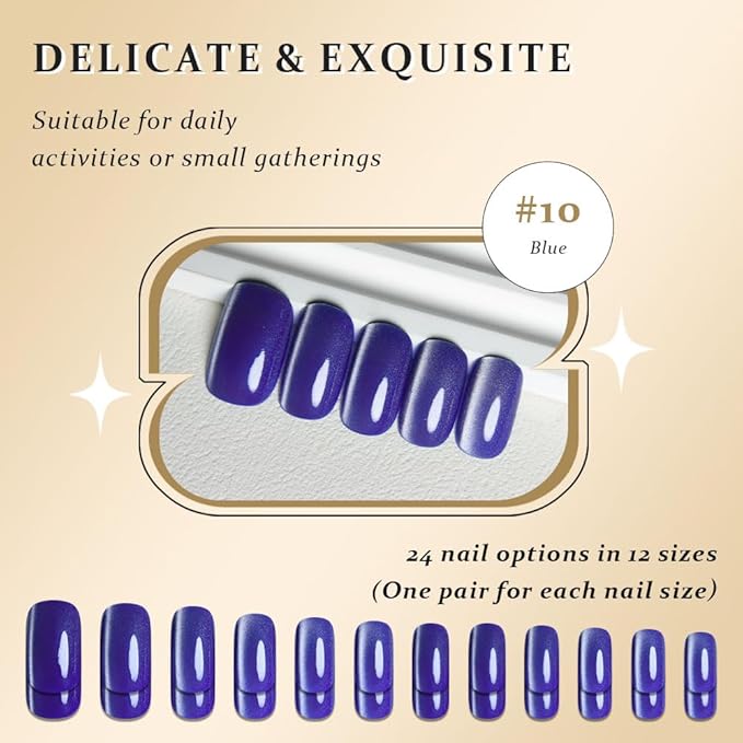 Blue Cat Eye Press on Nails Medium Square, Medium Square Press Glue on Nails Chrome for Women Gift, Blue Holographic Glitter Glossy Reusable Soft Gel Acrylic Fake Nail with Designs Cateye Effect