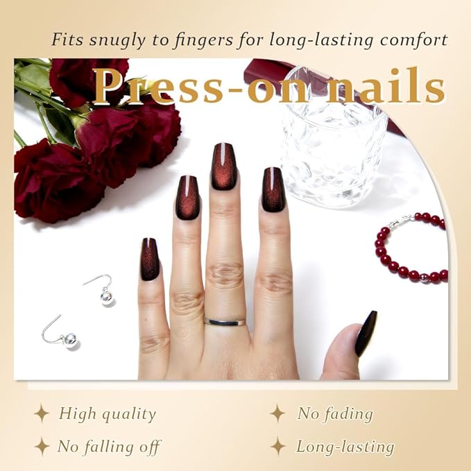 evpct Reddish Brown Cat Eye Coffin Press on Nails Square Medium, Medium Square Glue on Nails for Women Gift, Wine Red Metallic Glitter Glossy Reusable Spring Summer Gel Press on Acrylic Fake Nail