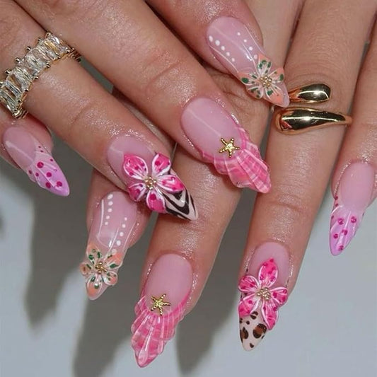 Long Almond Press on Nails Light Pink Fake Nails Floral Gold False Nail Stick on Nail for Women 24pcs