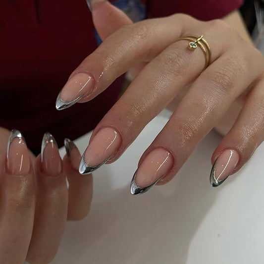 Silver French Tip Press On Nails Short Almond, Medium Fake Nails French Nails Press ons Acrylic Nails Glue on Nails Medium, Natural Short Almond Nails False Nails for Women in 12 Sizes 24 Pcs