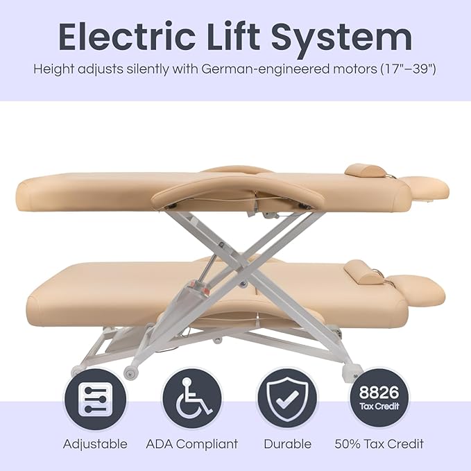 Electric Lift Back Massage, Spa, and Treatment Table | Adjustable Height and Backrest | ADA Compliant | 2 Year Warranty | Foot Control