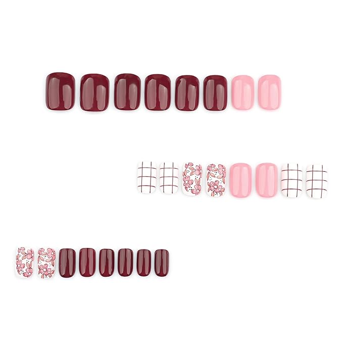 Press On Nails Spring Summer Acrylic Nails for Women - Lattice Flower Designer Fake Nails Short Square 24PCS, Outdoor Picnic/Wedding/Party Reusable Stick On Nails Gift