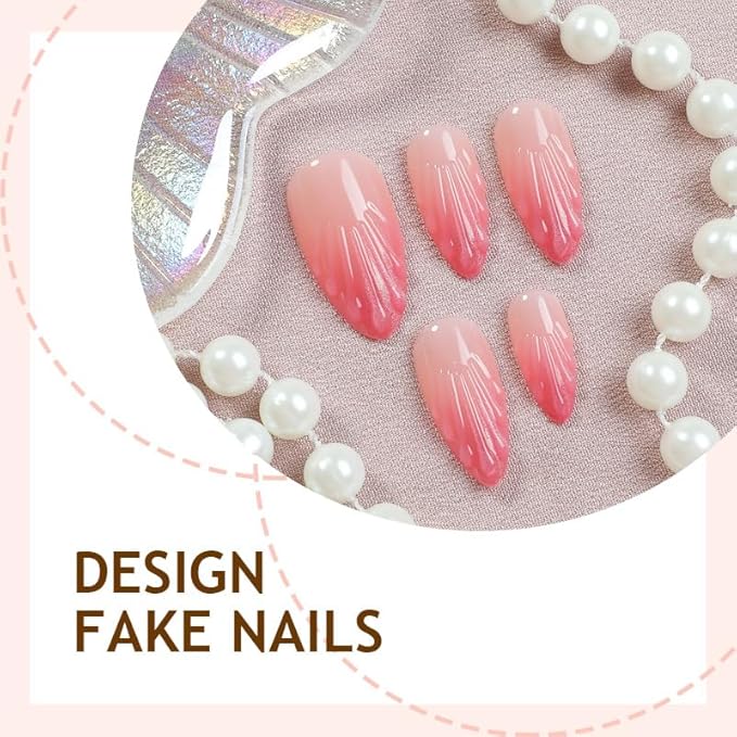 Almond Press on Nails Medium 3D Fake Nails Pink Cat Eye Acrylic Nails Glossy Ombre False Nails Jelly Line Design Full Cover Gradient Glue on Nail Press ons for Women Girls Manicure & Nail Art