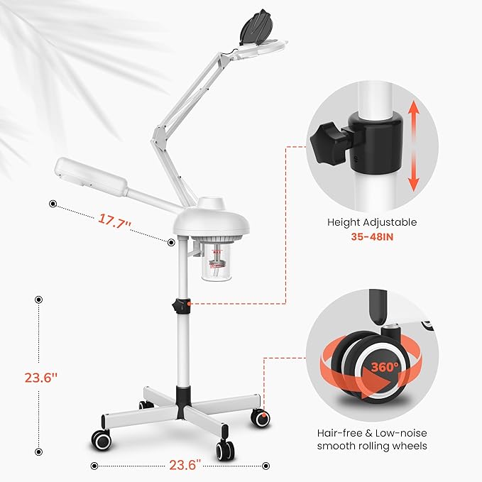 TASALON 2-in-1 Professional Facial Steamer with 5X Magnifying Lamp, Esthetician Steamer on Wheels, White, Facial Steamer, Cleansing, Hydrating, Pore Treatment