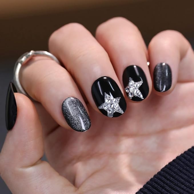 evpct Black Goth Cat Eye Short Press on Nails Oval, Short Oval Glue on Nail for Women Gift, Gothic Silver Star Metallic Glitter Glossy Reusable Spring Summer Gel Press on Acrylic Fake Nail with Design