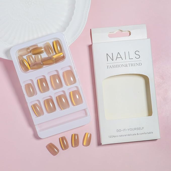 Press on Nails Short Square Fake Nails Gold Chrome Acrylic Nails Nude Nails Press Ons Glossy Glue on Nails Shiny Stick on Nails Ombre Artificial Nails for Women Manicure 15 Size - 30 Pcs