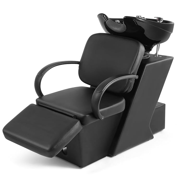 Artist hand Shampoo Bowl, 47" Ceramic Bowl Chair Adjustable Backwash Shampoo Station Footrest Salon Equipment