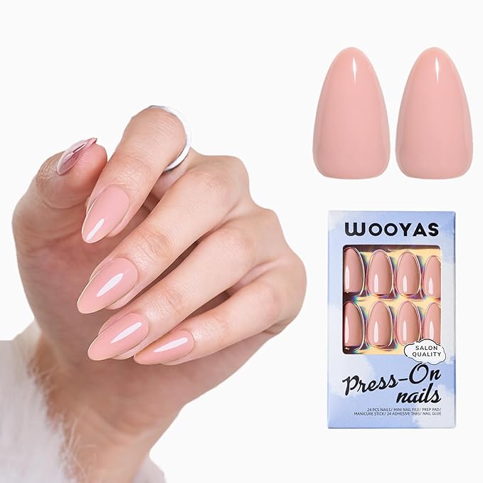 Nude Pink Press On Nails, Wooyas Glossy False Nails Medium Stiletto Almond Shaped Glue On Nails Full Cover 24Pc Reusable Fake Nail Kit with Nail Glue for Women Gift(Old Rose)