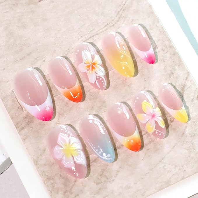24Pcs French Tip Press on Nails Short Almond Fake Nails 3D White Flowers Design Glossy Full Cover Stick on Nails Artificial Cute Nails Spring Summer False Nails for Women Girls Acrylic Manicure DIY