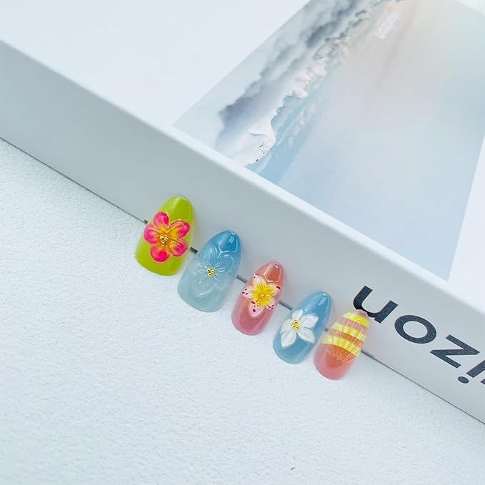 30 Pcs Handmade Press on Nails Short Almond French Tip Fake Nails with Pearl Design 3D Flower Stick on Nails Yellow Blue Glossy Oval Acrylic False Nails Full Cover Summer Glue on Nails for Women Girls