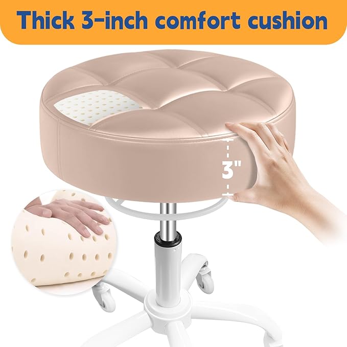 Rolling Stool Heavy Duty 400lb: Super Soft Seat Cushion,360° Swive,Height Adjustability,No Squeaky Noises,No Tip Over,New Upgraded stool Salon Stool Chair, Tattoo Facial Massage Spa Medical(Beige)