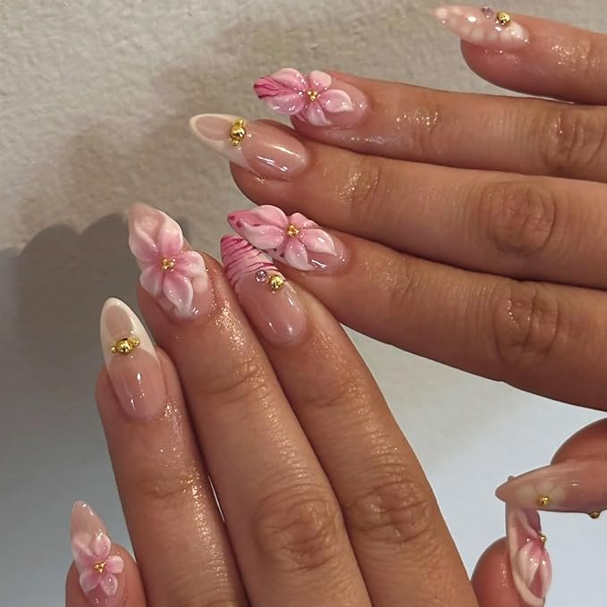 24Pcs Pink Flower Press on Nails Medium Almond Fake Nails 3D Floral with Gold Pearl Glossy Glue on Nails French Tip False Nails Cute Summer Stick on Nails for Women Girls Acrylic Manicure Salon Tips
