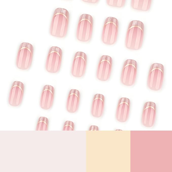 Short Almond Press On Nails Nude Glitter French Tips with Gold Outline, Glossy Acrylic Fake Nails, Reusable Stick On Nails Kit with Glue for Women, Elegant Shimmery Manicure Set