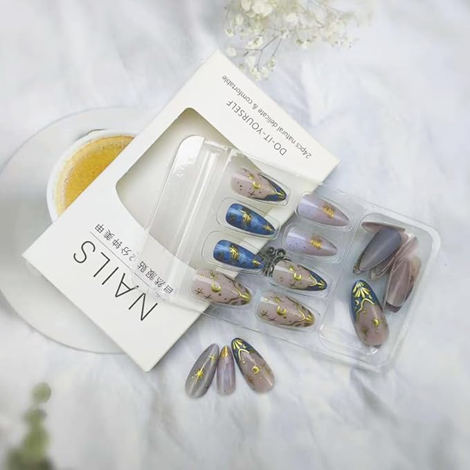 French Tip Press on Nails Short Almond Fake Nails Metal Star Stick on Nail Nude Glitter Acrylic Nails Press on Reusable Gold Moon False Nail Full Cover Glue on Nail for Women Manicure Decor 24Pcs
