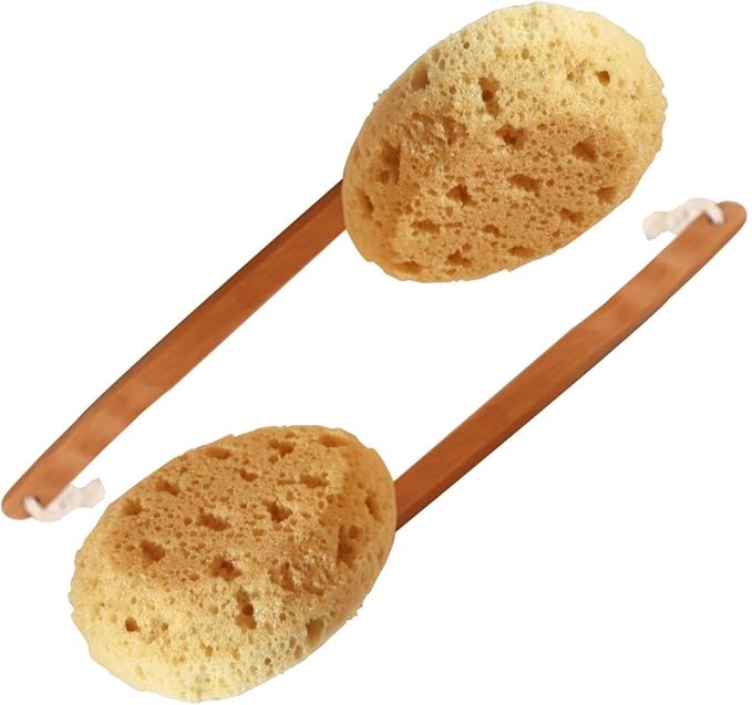 18" 2pcs Extra Long Handle Beechwood Bath Brush for Shower with Sponge - Exfoliating & Massaging Back Scrubber Bath Brush Gentle Exfoliating Lotion Applicator