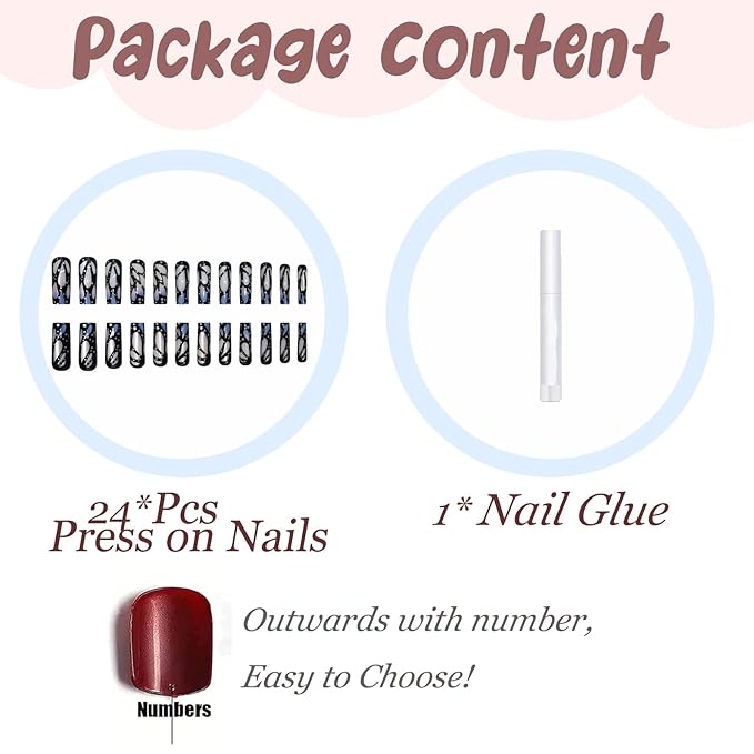 BABALAL Black Nails Press on Long Square Fake Nails Gothic Glue on nails Blue Ombre Punk Acrylic Nails Butterfly False Nails Art 24Pcs Squoval Manicure Stick on Nails Full Cover Nails for Women Girls