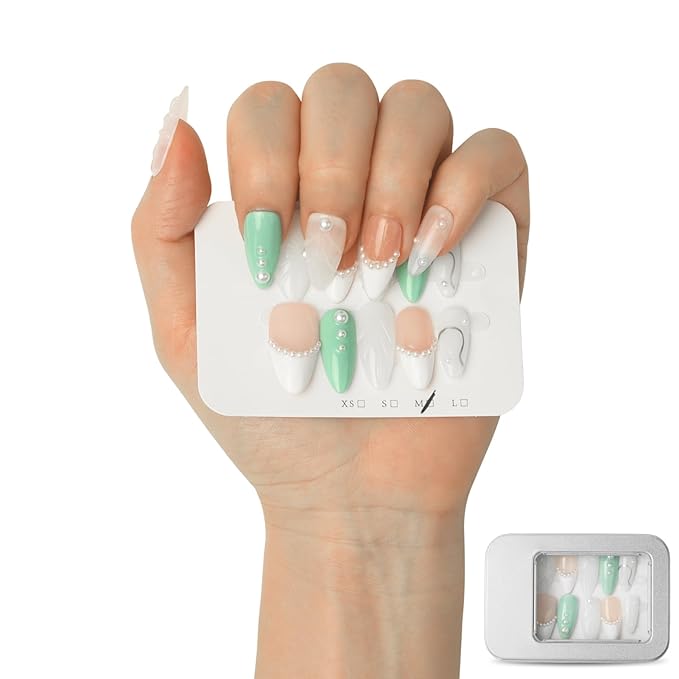 3D Pearl Press On Nails Medium Almond- Handmade Nude Base Mint Green with 3D Leaf Design -Gel Acrylic 10pcs Reusable (Forest Elves, Size M)