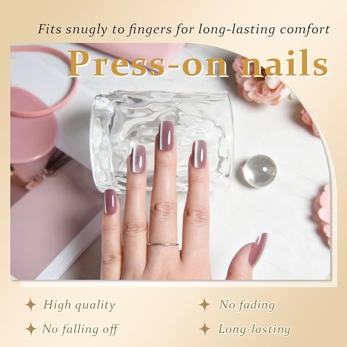 Cat Eye Mauve Pink Press On Nails Medium Long Length Square, Designer Reusable Acrylic Fake Nail with Glue, Glossy Gel Nails Wedding Party, Stick On Glue On Nail, Nails Press Ons for Women