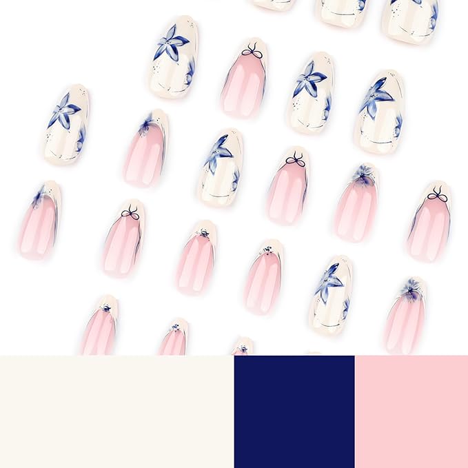 French Press On Nails Short Almond, Nude Base with Beige French Tips and Blue Floral Petal Design Glossy Gel Finish 24pcs Reusable Acrylic Fake Nails Kit for Women Natural Look Glue-On Nail Set