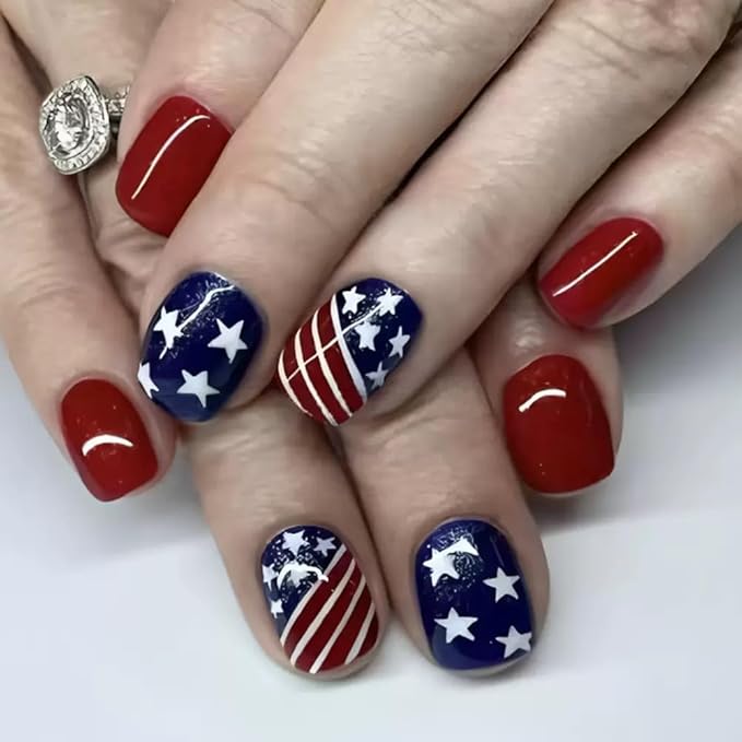 6 Packs (144 Pcs) 4th of July Press on Nails, Short Square Press on Nails, Star Fake Nails Red Blue Independence Day False Nails for Women, Stick on Nails Kit 12 Sizes-6Styles