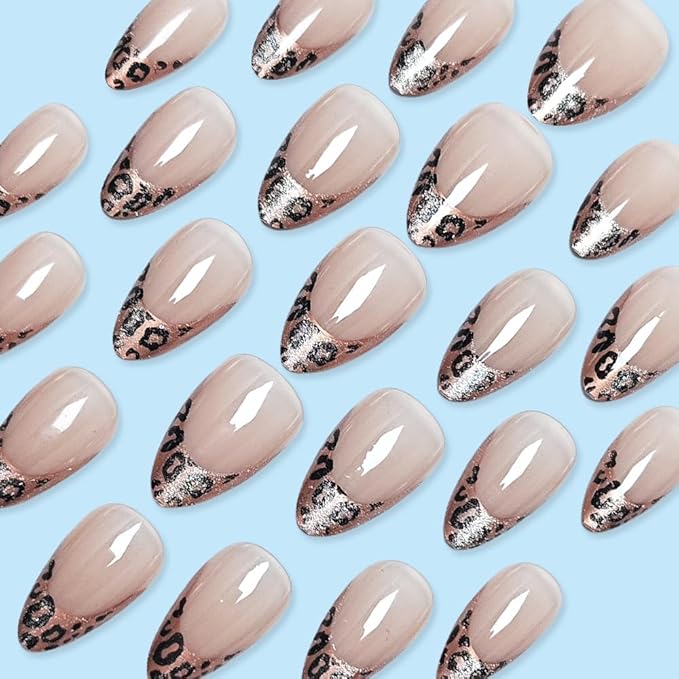 French Tip Press on Nails Short Almond Fake Nails with Leopard Print Designs Glue on Acrylic Nails Glossy Glitter False Nails Press ons for Women Manicure 24Pcs