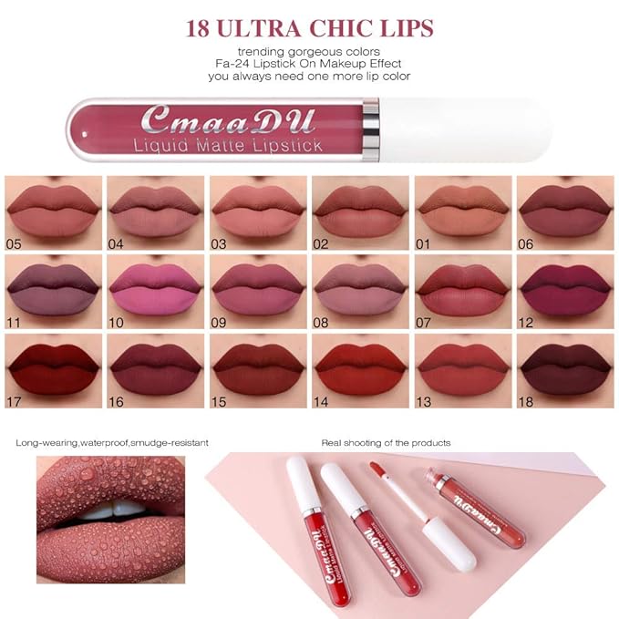 BONNIE CHOICE 18Pcs Matte Liquid Lipstick Set, Waterproof Long Lasting Non-Stick Cup Nude Lipstick Dark Red Lipstick for Women 24 Hour High Pigmented Lip Gloss Set Christmas Day Gifts for Women