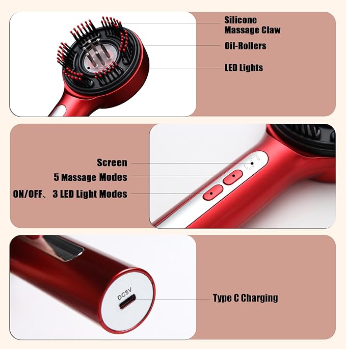 3-in-1 Hair Scalp Massager Comb - Rechargeable Cordless Portable Scalp Care Brush with Essential Oil Applicator, Gentle Scratching & Kneading Massage for Hair & Scalp Nourishment, Fit for Men & Women