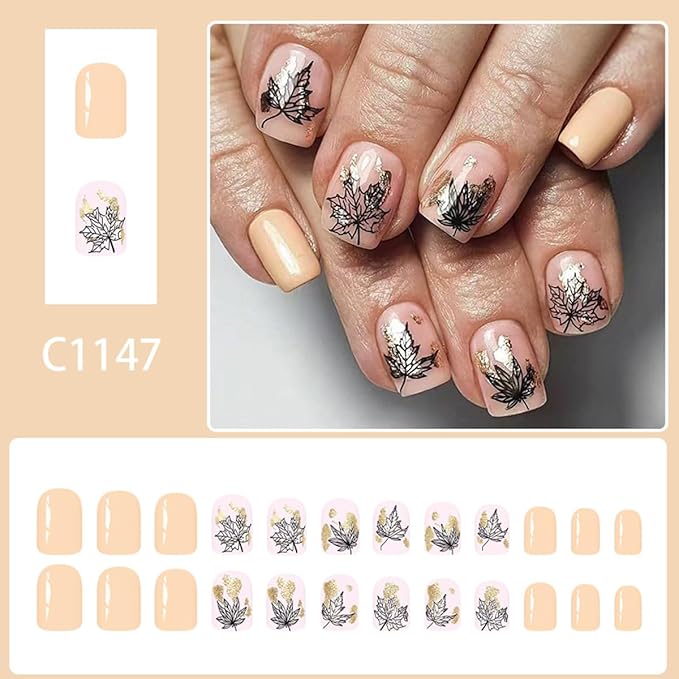 24Pcs Fall Press on Nails Short Square Fake Nails Black Hollow Maple Leaf Acrylic Nail Tip Glitter Full Cover Maple Leaves Thanksgiving Stick on Nail Autumn Winter Nails Press ons for Women Manicure