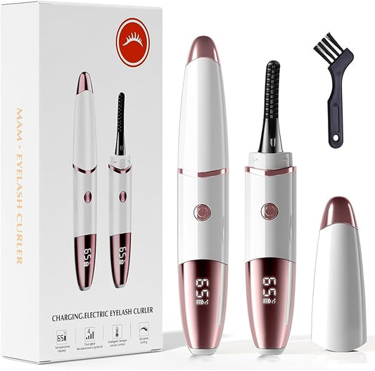 Heated Eyelash Curler, Fast Heat up Within 10s, 24 Hours Long Lasting, Rechargeable Electric Eyelash Curler, Temperature Control, Mini Lash Curler Safe Anti-Burn Eyelash Curle, with LED Display-White