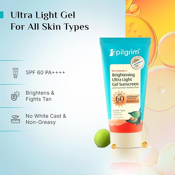 Pilgrim Vitamin C Gel Sunscreen SPF 60 PA++++, 45ml – Broad Spectrum, Lightweight, Non-Greasy, for All Skin Types