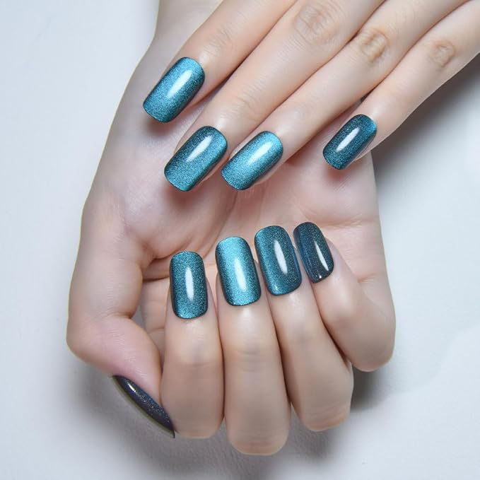 Teal Green Cat Eye Press on Nails Medium Square, Medium Square Press Glue on Nails Chrome for Women Gift, Green Holographic Glitter Glossy Reusable Soft Gel Acrylic Fake Nail with Design Cateye Effect