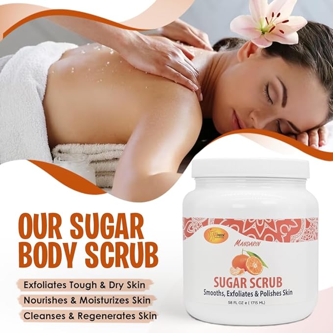 SPA REDI Sugar Scrub - Exfoliating, Moisturizing, Hydrating and Nourishing, Glow, Polish, Smooth and Fresh Skin - Body Exfoliator, Mandarin - 58 Oz