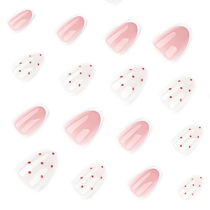 French Press On Nails Short Almond, Cute Nude Pink Fake Nails with White French Tip & Brown Dot Detail, Glossy Gel Finish Acrylic Nails, Reusable Glue On Nails Kit for Women, 24Pcs