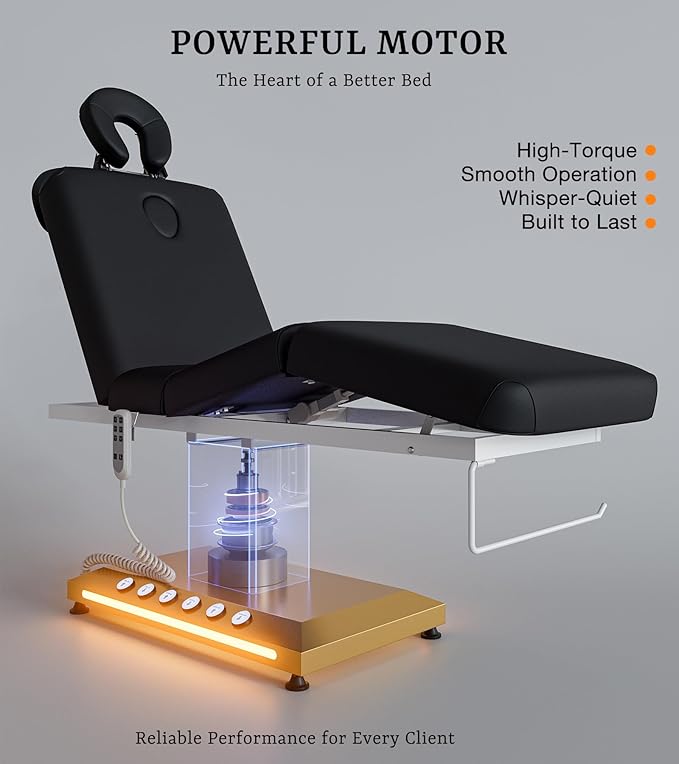 Icoget Professional Full Electric Spa Massage Treatment Table, Medical Bed with Independent Leg Adjustment, Facial Bed with Face Cradle for Beauty, Black