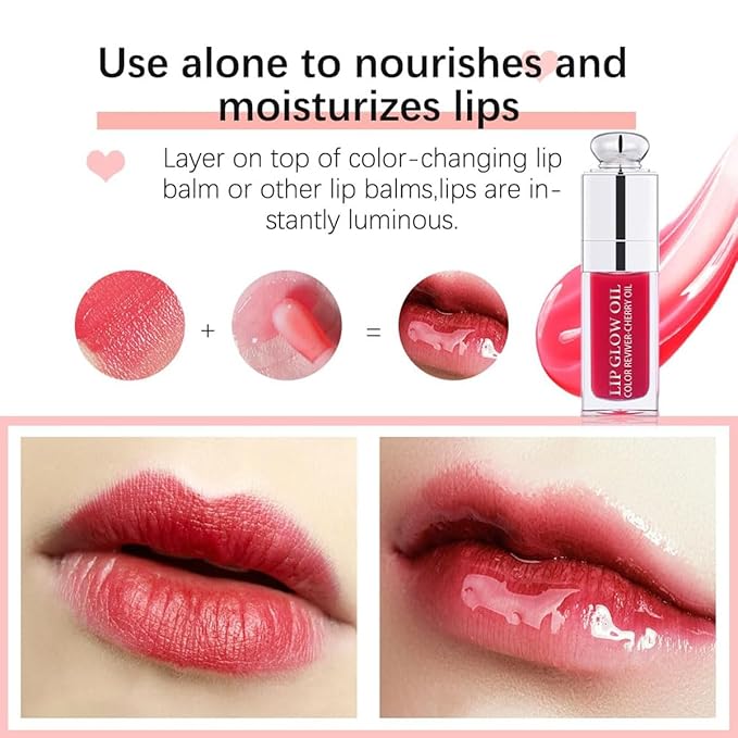 Hydrating Lip Glow Oil, Lip Oil Gloss Transparent Toot Tinted Nourishing Long Lasting Repairing Lightening Lip Lines (SAKURA) 0.2 OZ