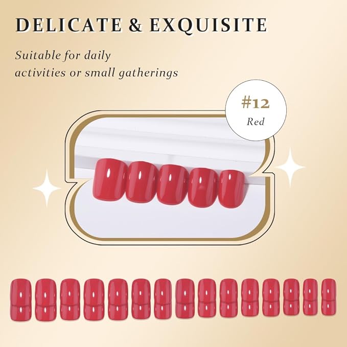 evpct Acrylic Red Glossy Press on Nails Short Square, Glossy Red Fake Nails Summer Reusable False Nail Stick Glue on Press ons for Women Gifts, Perfectly Fit Durable False Nail Kit with Gel Glue 30Pcs