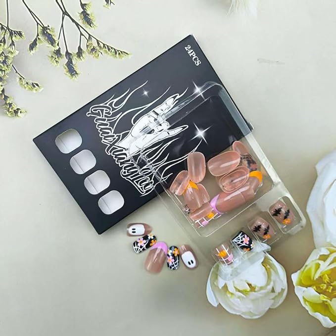 24Pcs Goth Halloween Press on Nails Short Almond Fake Nails with Spider Web Pumpkin Design Cute Ghost False Nails Gothic Bat Stick on Nail Pink Gloss Acrylic Nail for Women Manicure Supplies