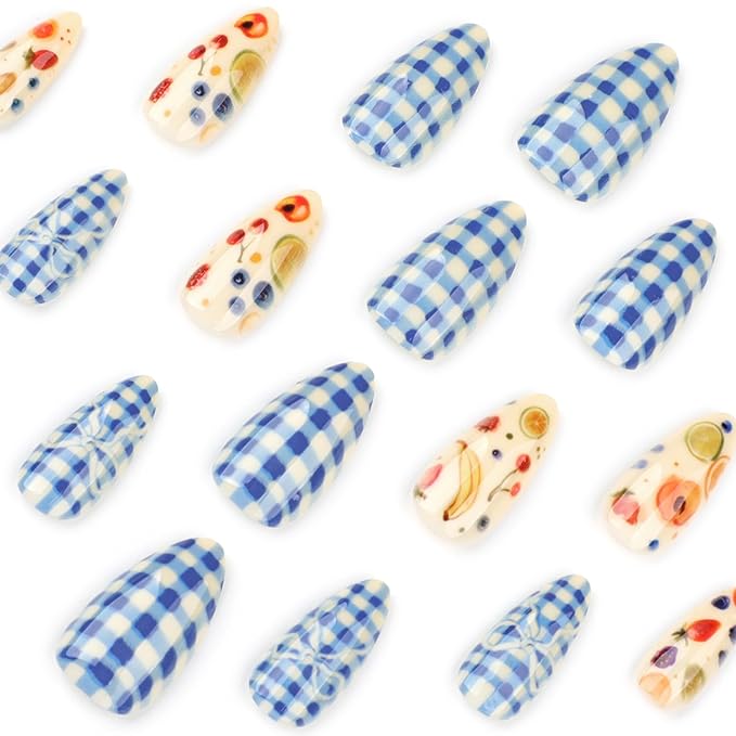 24pcs Fruit Press on Nails Medium Almond Fake Nails with Bow Lemon Banana Cherry Blueberry Strawberry Design Summer False Nails Kit Blue White Lattice Glue on Nails Full Cover Stick on Nails for Women