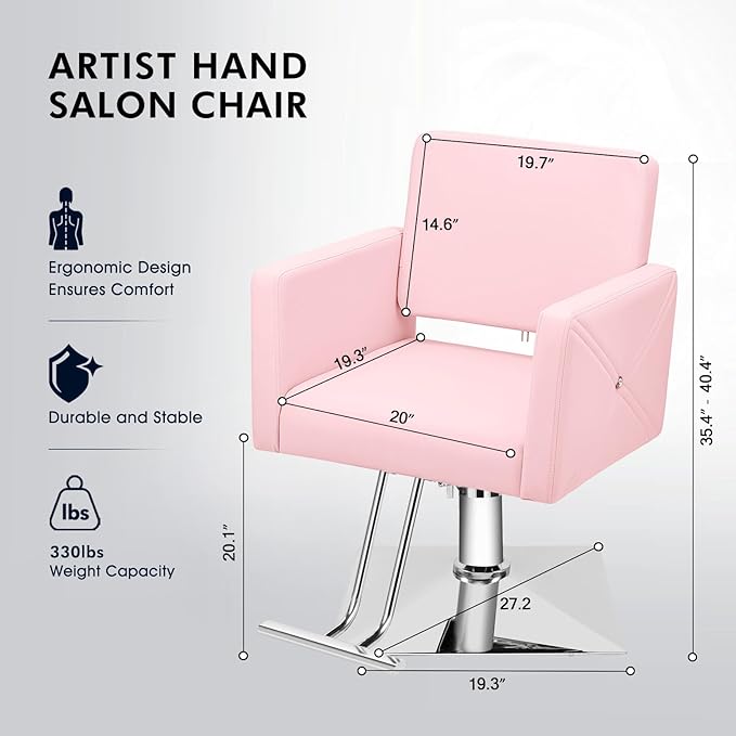 Artist hand Pink Salon Chair for Hair Stylist with Back Cover, Hydraulic Hair Chair 360 Swivel Barber Chair, Beauty Salon Equipment for Hair Stylist Women, Max Load Weight 330 Lbs