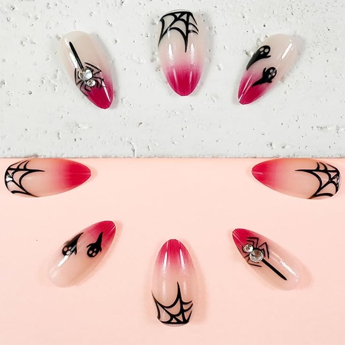 Halloween Press on Nails Long Almond Fake Nails Rose Red False Nails Gradient Black Spider Web Ghost with Rhinestone Design Glossy Glue on Nail Full Cover Stick on Nail Decoration Manicure for Women