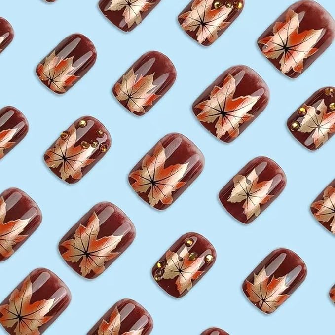 Maple Leaf Press on Nails 24Pcs Fall Leaves Stick on Fingernails Thanksgiving Short Square False Nails Glossy Gold Maples Acrylic Fake Nail Autumn Rhinestones Gel Glue on Nail for Coquette Women