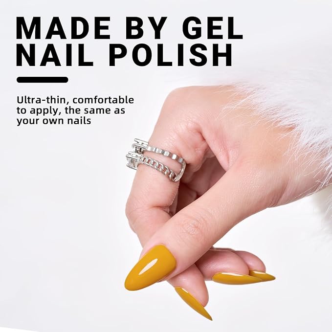 Wooyas Press on Nails Almond, Yellow Medium Handmade Fake Nails Reusable, Made by Soft Gel, Lightweight Natural Glossy Fake Nail in 12 Sizes - 24 Pcs Soft Gel Glue On Nails Kit