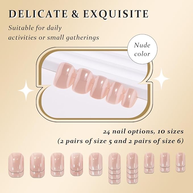 evpct Nude Glazed Press on Nails Short Square for Women Girls Gift, Chrome Glazed Nude Fake Nails Reusable with Soft Gel, Glossy Glitter Stick Glue on False Nail Kit Salon Quality DIY at Home, 01