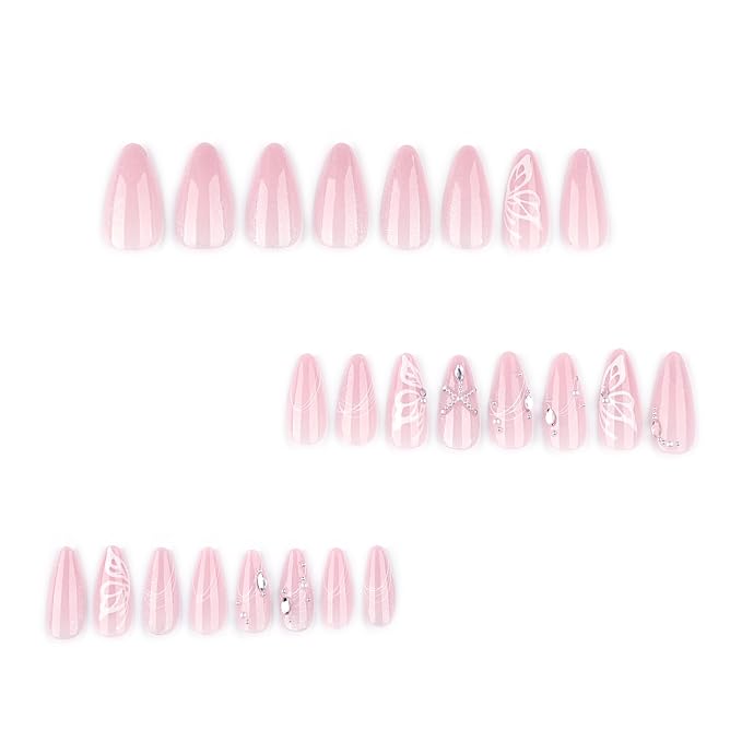 Pearl Charms Cat Eye Press On Nails Almond Short, Butterfly Pattern Designer Reusable Acrylic Nails Press Ons, Fake Nails With Glue On, Daily Wear Floral False Nails For Women