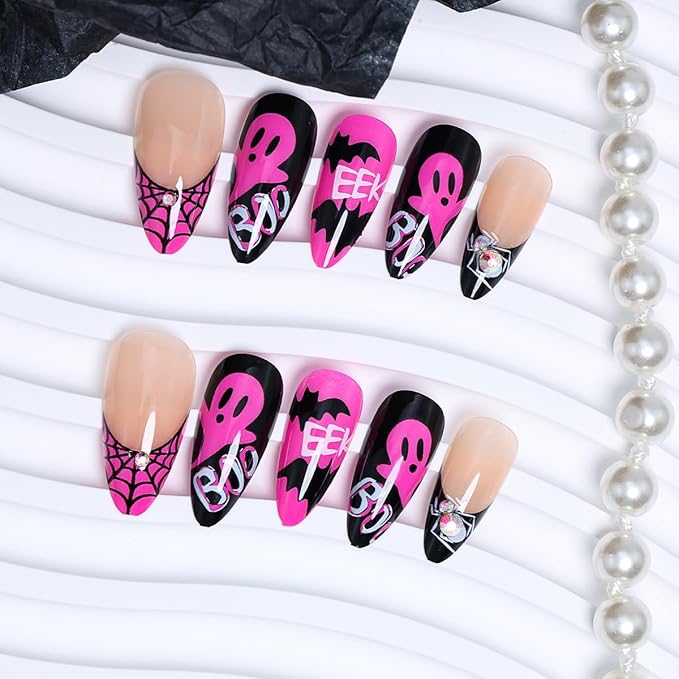 Medium Almond Press on Nails Gothic Halloween Fake Nails with 3D Spider Design Cute Ghost False Nails Spider Web French Tip Acrylic Nail Evil Pumpkin Bat Glue on Nail for Women DIY Manicure 30Pcs