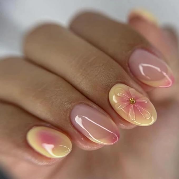 24Pcs Yellow French Tip Press on Nails Short Almond Fake Nails with 3D Flower Glue on Nails Gradient False Nails Summer Acrylic Nails Full Cover Floral Stick on Nails for Women Nail Art Designs