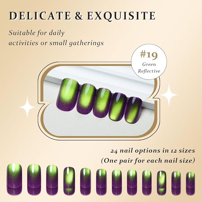Green Reflective Cat Eye Press on Nails Medium Square, Medium Square Press Glue on Nails Chrome for Women, Green Holographic Glitter Glossy Reusable Gel Acrylic Fake Nail with Designs Cateye Effect