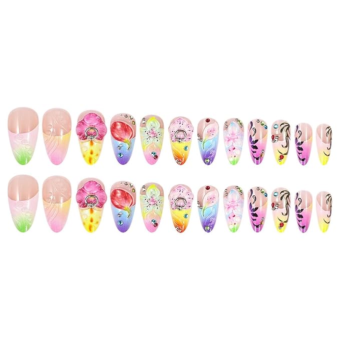 Flower Press on Nails Long Almond Fake Nails with 3D Rhinestones Colorful Flowers Design French Tip False Nails Gradient Stick on Nail Acrylic Full Cover Glue on Nail for Women DIY Manicure Kit